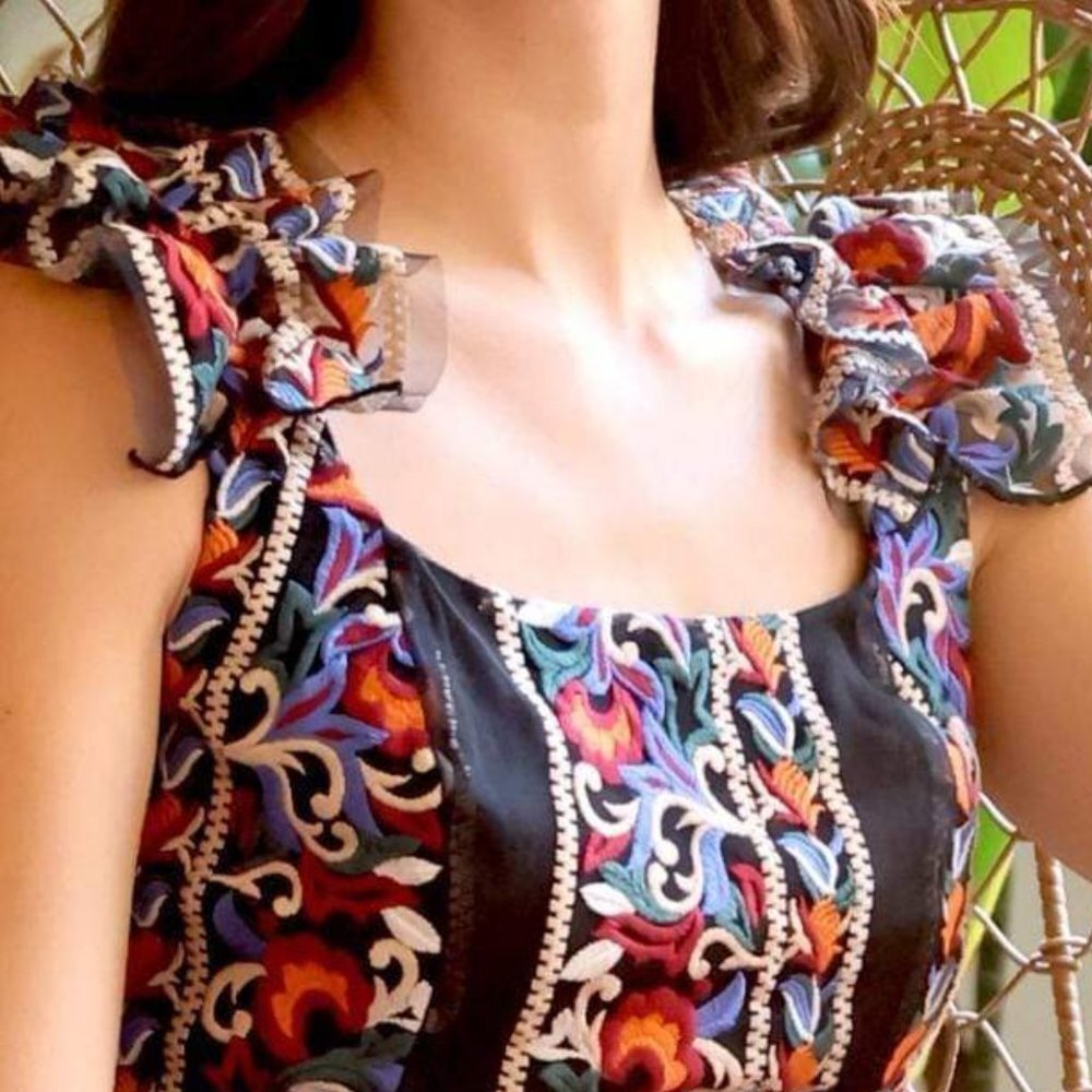 Eva Franco Embroidered Corset Summer Tank Top Ruffled Shoulder - Picture 3 of 3